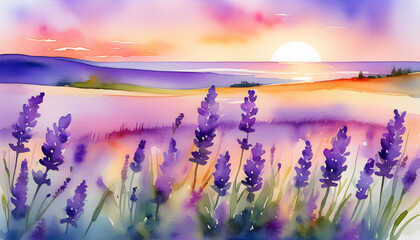 Poster - A watercolor painting of a lavender field at sunset with a pastel violet background