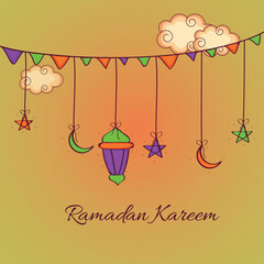 Poster - Holy month of muslim community, Ramadan Kareem celebration greeting card with hanging arabic lamp, stars and moons.