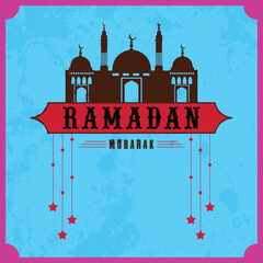 Wall Mural - Vintage poster or greeting card design with mosque and hanging stars for Islamic holy month or prayers, Ramadan Kareem celebrations.