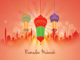 Wall Mural - Beautiful floral design decorated traditional hanging lanterns on mosque silhouetted shiny rays background for Islamic holy month of prayers, Ramadan Kareem celebration