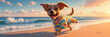 Joyful dog in a striped swimsuit running along the shoreline, sunset glow, dynamic angle, summer fun, vibrant Color