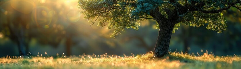 Poster - Lone tree glowing with sunlight in a meadow - This stunning image features a solitary tree illuminated by the golden light of setting sun in a peaceful meadow landscape