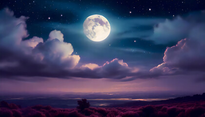 night sky with full bright moon in the clouds