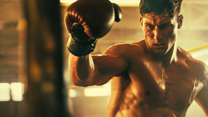 Wall Mural - Focused boxer throwing a punch, intensity etched on his face.