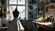 A serene atelier with a stunning bridal gown on a dress form, bathed in the soft glow of the morning light.