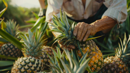 Wall Mural - Farmer's weathered hands picking fresh pineapples on a sunny day.