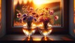 Glass heart-shaped vases on a windowsill, filled with wildflowers, backlit by the golden hues of a sunset.