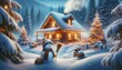 A picturesque winter scene depicting a cozy cabin nestled in a snow-covered forest.