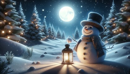 Wall Mural - A serene winter night landscape featuring a full moon casting a soft glow on the snowy ground.