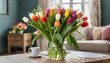 ein großer Blumenstrauß aus bunten Tulpen in einer Vase, steht auf dem Tisch in der Wohnung