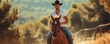 Handsome man  wearing white shirt and dark hat with blue jeans and sitting on horse. Riding on obey horse in outdoor or ranch area. banner.