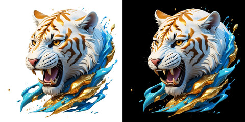 Wall Mural - White Tiger with Golden Liquid Splash T-Shirt Design. DTF Sticker Clipart.