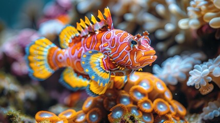 Wall Mural -  A macro photograph showcases a close-up fish amidst vibrant coral reefs and sea anemones