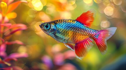  Blue-red close-up fish in tank, background plants-flowers