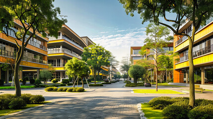 Wall Mural - Green Urban Housing and Park Landscape, Modern City with Blue Sky, Europe and Asia Residential Development