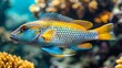  A vivid image of a blue-yellow fish amidst colorful corals and an enchanting backdrop