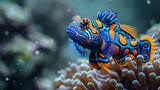  Close-up of blue and orange fish on coral, anemone in fg/bg