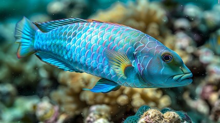  A macro shot of a vibrant azure fish surrounded by polyps & marine creatures on a coral bed