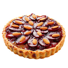 Wall Mural - Front view of a perfectly made almond plum tart kept in food photography style isolated on a white transparent background