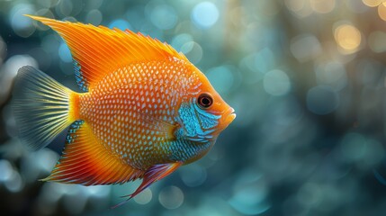  A close-up of a yellow and blue fish with out-of-focus water in the foreground and an out-of-focus background