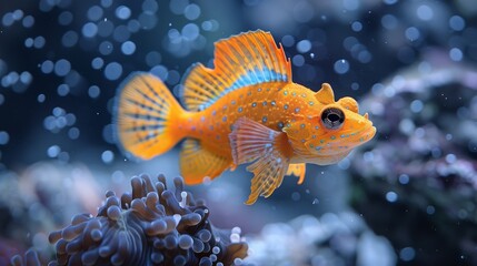  Close-up of a goldfish on coral in an aquarium with blue, white bubbles in background