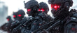 Futuristic soldiers with glowing red visors lined up in a show of intimidating strength.