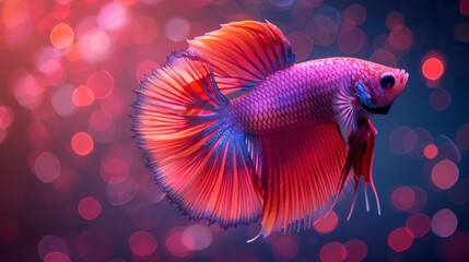  A red and blue fish, closely framed against a blue backdrop with bokeh light effects in the distance