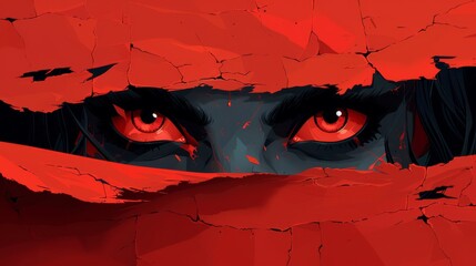 Wall Mural -  A person's face peeks out from a cracked red-painted wall in a close-up image