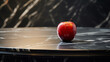 A single apple, perfectly symmetrical, lies on a modern glass table, with the reflection of city lights dancing on its surface.
