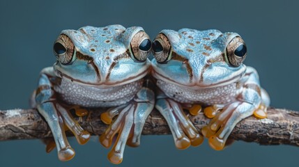  A photo of two frogs perched on a tree limb, one facing the lens, the other turned away