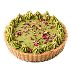 Wall Mural - Front view of a perfectly made pistachio rose tart kept in food photography style isolated on a white transparent background