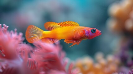  A close-up photo of a fish on a vibrant coral, surrounded by diverse coral reefs and crystal-clear water