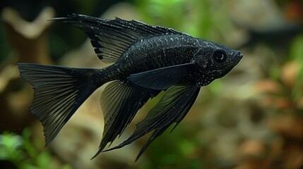  Close-up image of black fish in aquarium with plants, rocks, and water background