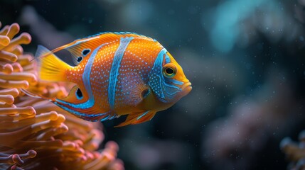  A close-up of an orange fish on a coral with a blue fish in the background in an aquarium