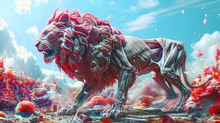 Wall Mural - Majestic Crimson Lion Emerges from Surreal Celestial Landscape