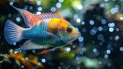  A picture of a blue and orange fish in a fish tank, with bubble-filled water against a dark backdrop