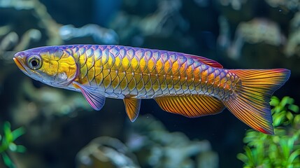  A close-up of a fish in an aquarium, surrounded by green plants and blue water