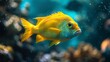  A zoomed-in photo of a golden fish swimming in a blue and green aquarium with rocky background