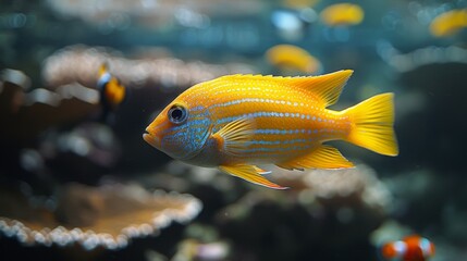  A yellow and blue fish, close up, in aquarium with many other fish behind