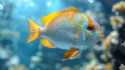  A close-up of a blue and yellow fish swimming amidst corals in an aquarium The background is filled with water