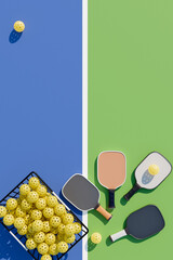 Sticker - Pickleball rackets basket balls on the court. Top view 3d rendering