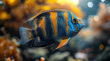  Clear image of a vibrant blue and orange fish in a clear aquarium with visible rocks and water in the background