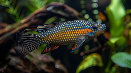  A blue and orange fish, close-up, in a tank filled with plants in the backdrop