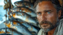  A Man's Face With A Beard And Blue Eyes, Gazing At A Mound Of Fish On A Boat