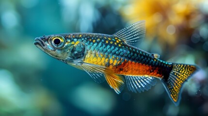  A clear photo of a fish in a tank, with water and plants in sharp focus