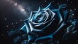 A close-up image of a midnight blue rose with silver-edged petals against a dark, starry background.