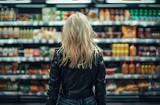 Fototapeta  - woman with white hair, wearing black leather jacket and jeans standing in the middle isle at store