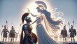 A whimsical animated art style depiction of Diomedes and Athena, with Athena placing her hand on Diomedes' shoulder, offering divine protection.