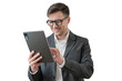© muse studio - A business man manager uses a tablet, transparent isolated background.