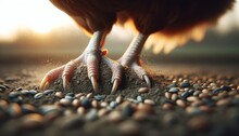 A minimalist, close-up shot focusing on a hen's claws as it scratches the earth, uncovering seeds.